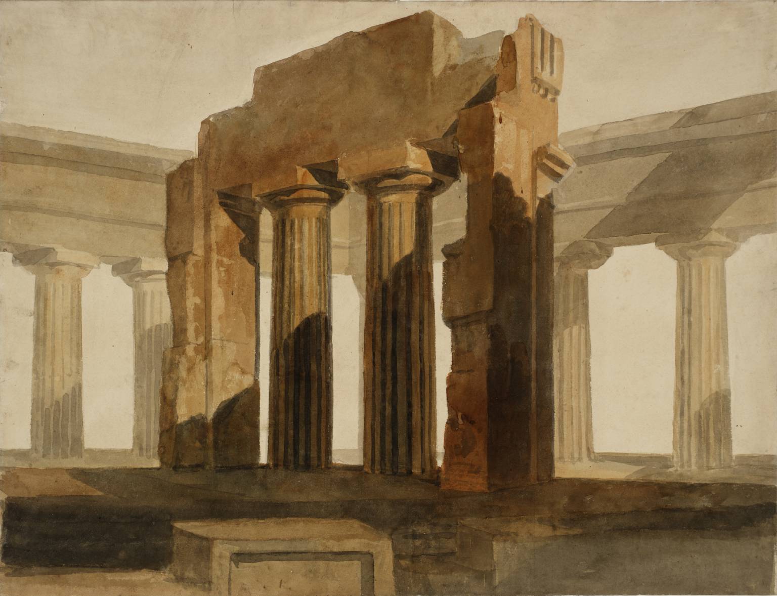 William Turner (Londra, 23 aprile 1775 – Chelsea, 19 dicembre 1851) pittore e incisore inglese, accentua i blocchi di luce ed ombra nelle sue vedute sui templi di Paestum, che risalgono al 1825.