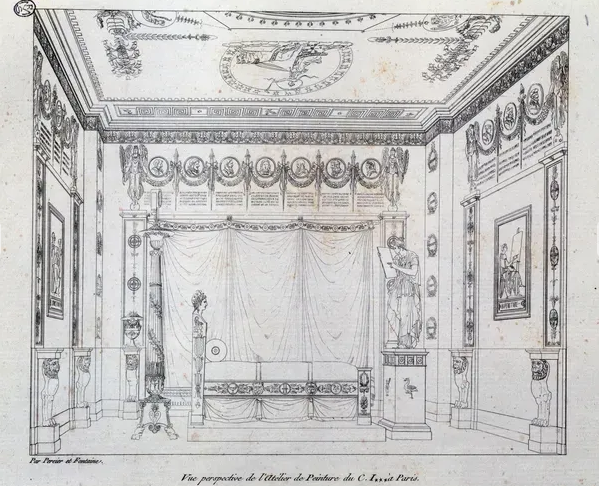 Atelier di pittura per CI, 1801, disegno da Recueil de decorations Interieures di Charles.